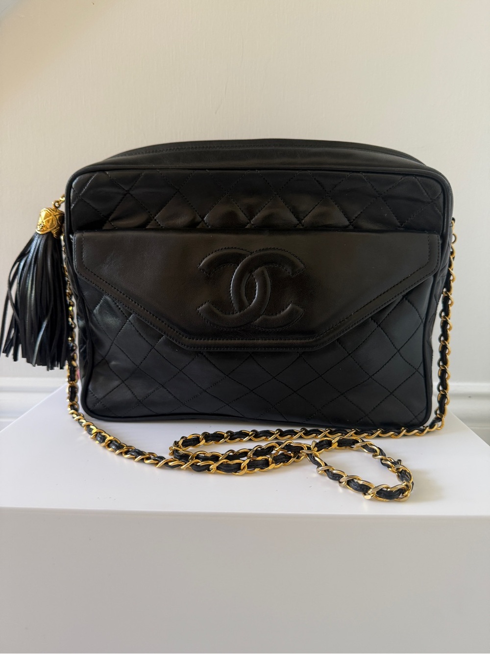 CHANEL Black Quilted Lambskin Crossbody with Gold Chain & Tassel